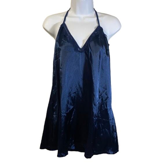 AvidLove NWT Navy Blue Satin & Lace T-Back Chemise Nightie Slip Dress Sz L - Picture 1 of 9
